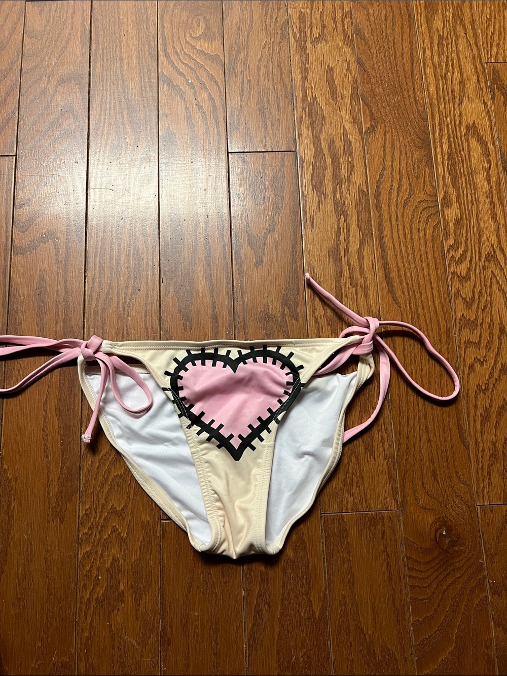 Women's Tie-Side Heart Patch Bikini Bottom - Pink & Cream